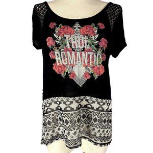 DAYTRIP Black Rose Print True Romantic Tunic Women's Size Small Scoop Neck Top